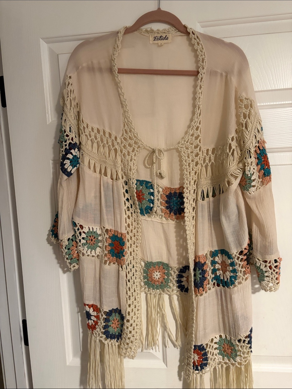 Listicle Cream Crochet Kimono with Teal, Navy & Rust Granny Squares